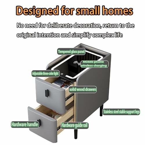 Table de chevet compacte avec chargement sans fil.