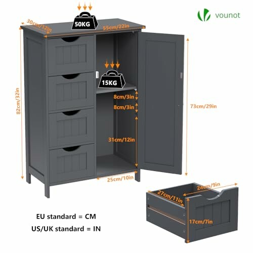 Armoire de rangement grise avec dimensions et capacité de poids.