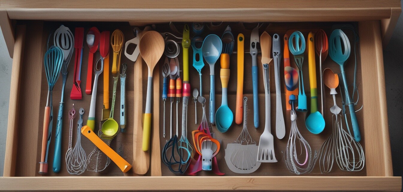 Collection of colorful kitchen utensils