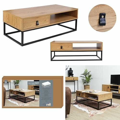Table basse moderne avec tiroirs en bois et cadre en métal