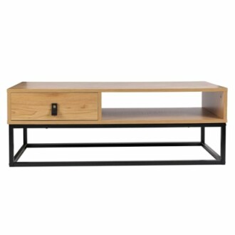 Table basse moderne en bois avec cadre en métal, un tiroir et une étagère ouverte.