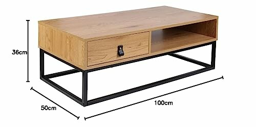 Table basse en bois moderne avec structure métallique.