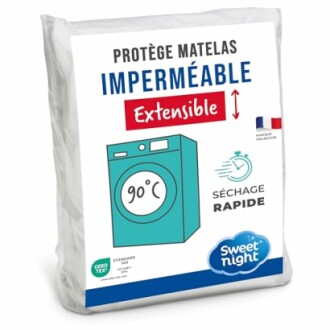 Protège matelas imperméable extensible avec symbole de lavage à 90 degrés.